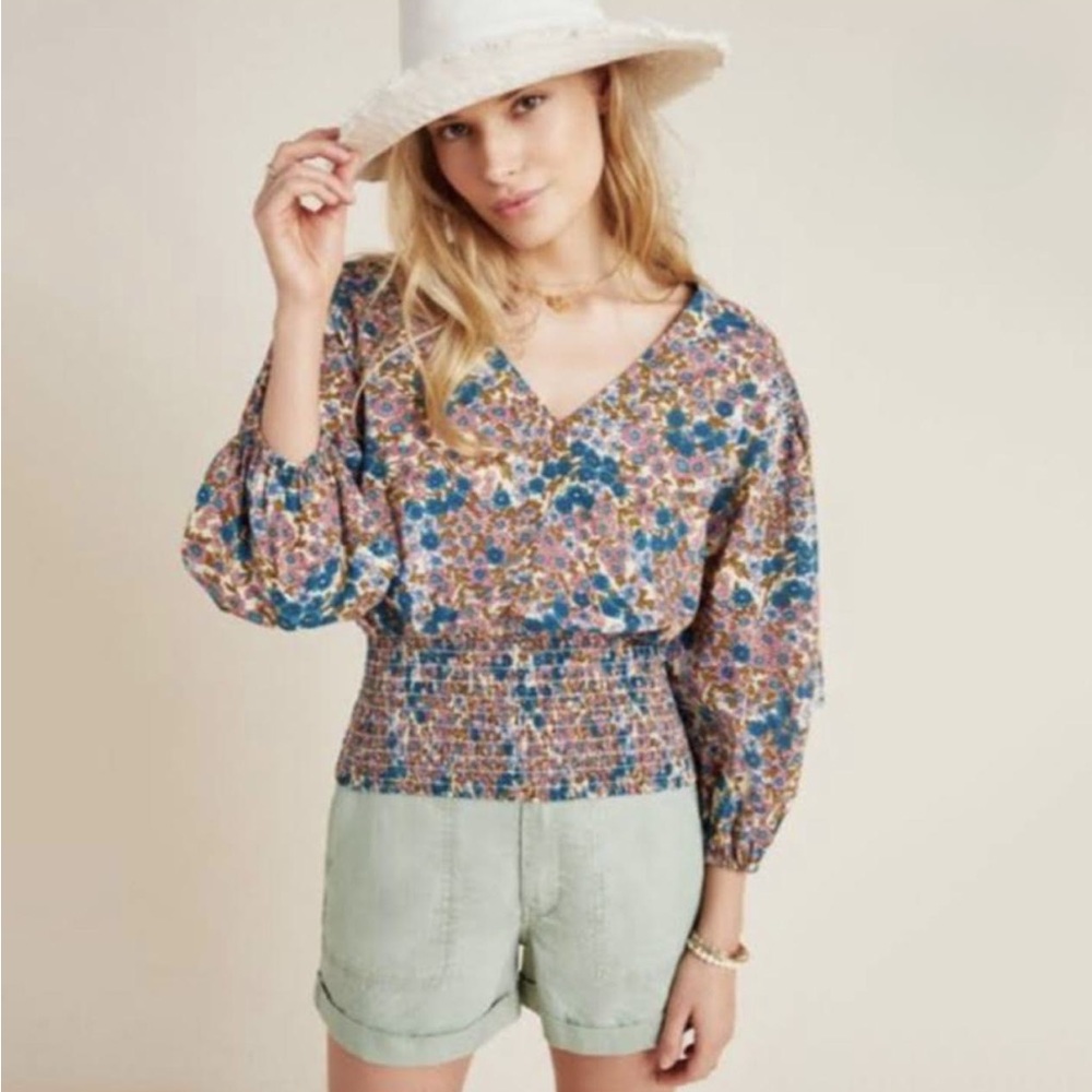 Maeve (Anthropologie) floral blouse with smocked detailing, size small